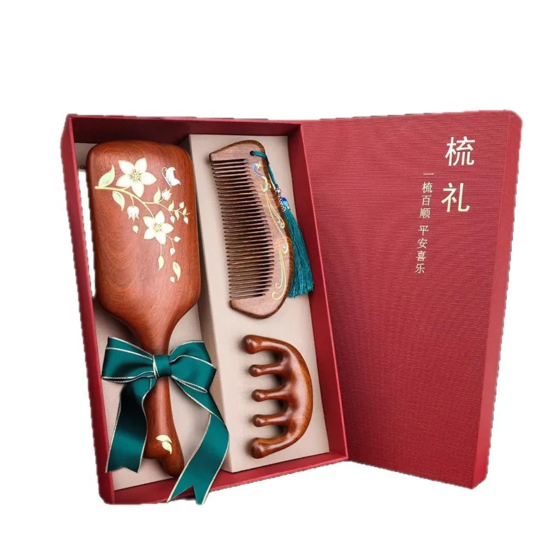 Natural Sandalwood Air Cushion Hair Brush Gift Set Wooden Comb Massage Paddle Brush for Women Mom Mother