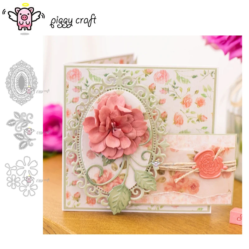 Piggy Craft metalowe matryce do wycinania matryce do wycinania Koronkowa owalna ramka kwiaty liście Scrapbook papier rzemieślniczy nóż forma ostrze