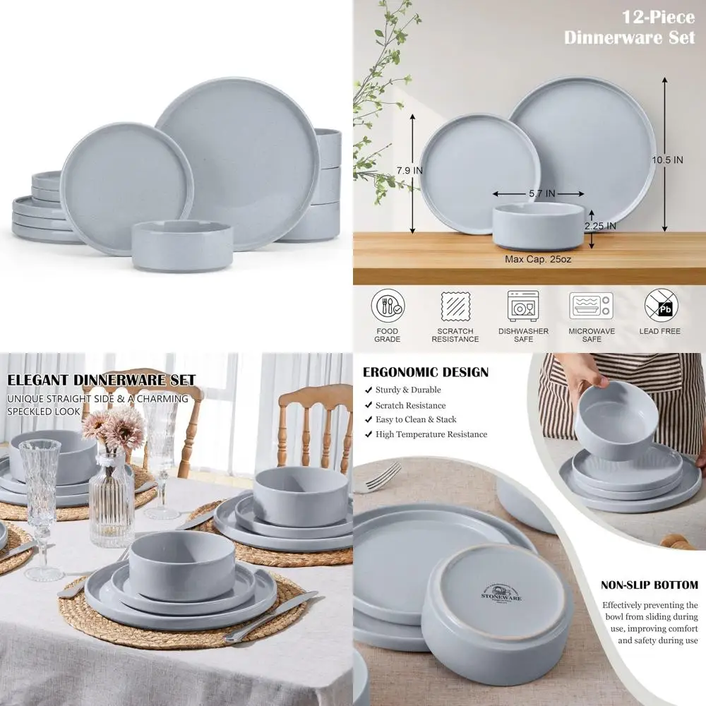 

e-far stoneware dinnerware sets, 12-piece plates and bowls dish set for 4, kitchen modern dinning ware, chip and scratch resista