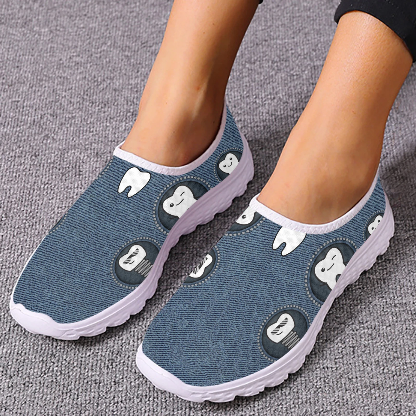 INSTANTARTS Cartoon Teeth Print Ladies Casual Slip On Dental Flats Comfortable Summer Breathable Mesh Shoes Zapatos Mujer