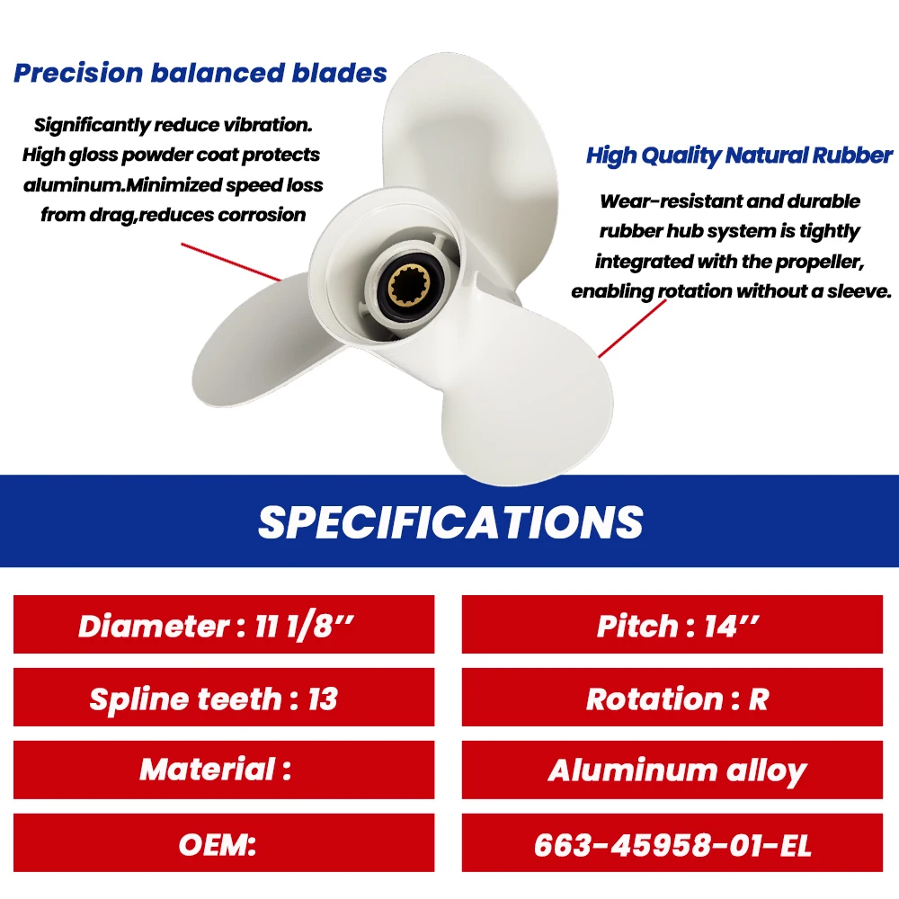 11 1/8*14-G Boat Propeller fit Yamaha 25 30 40 48 50 55 60HP Outboard Engines Aluminum Alloy Screw 3 Blade 13 Spline Tooth