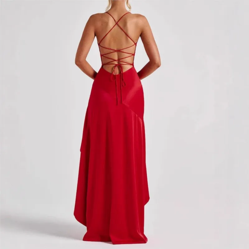 สายสปาเก็ตตี้ต้นขาสูงแยกชุด Maxi เซ็กซี่ผู้หญิงซาตินยืดหยุ่นสูงแขนกุด Backless Club Party Dress