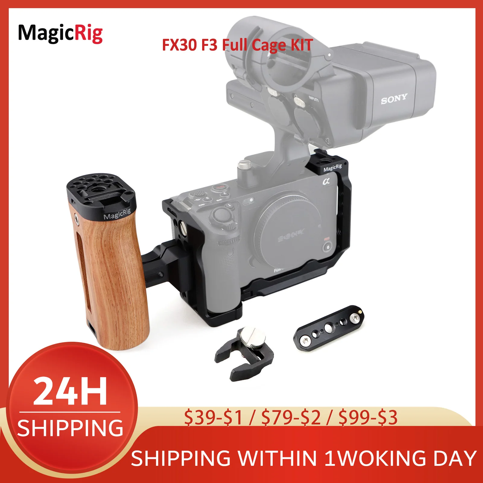 

MagicRig FX3/FX30 Cage with Wooden NATO Side Handle Cable Clamp NATO Rail Arca Quick Release Plate,Compatible with Sony FX3/FX30