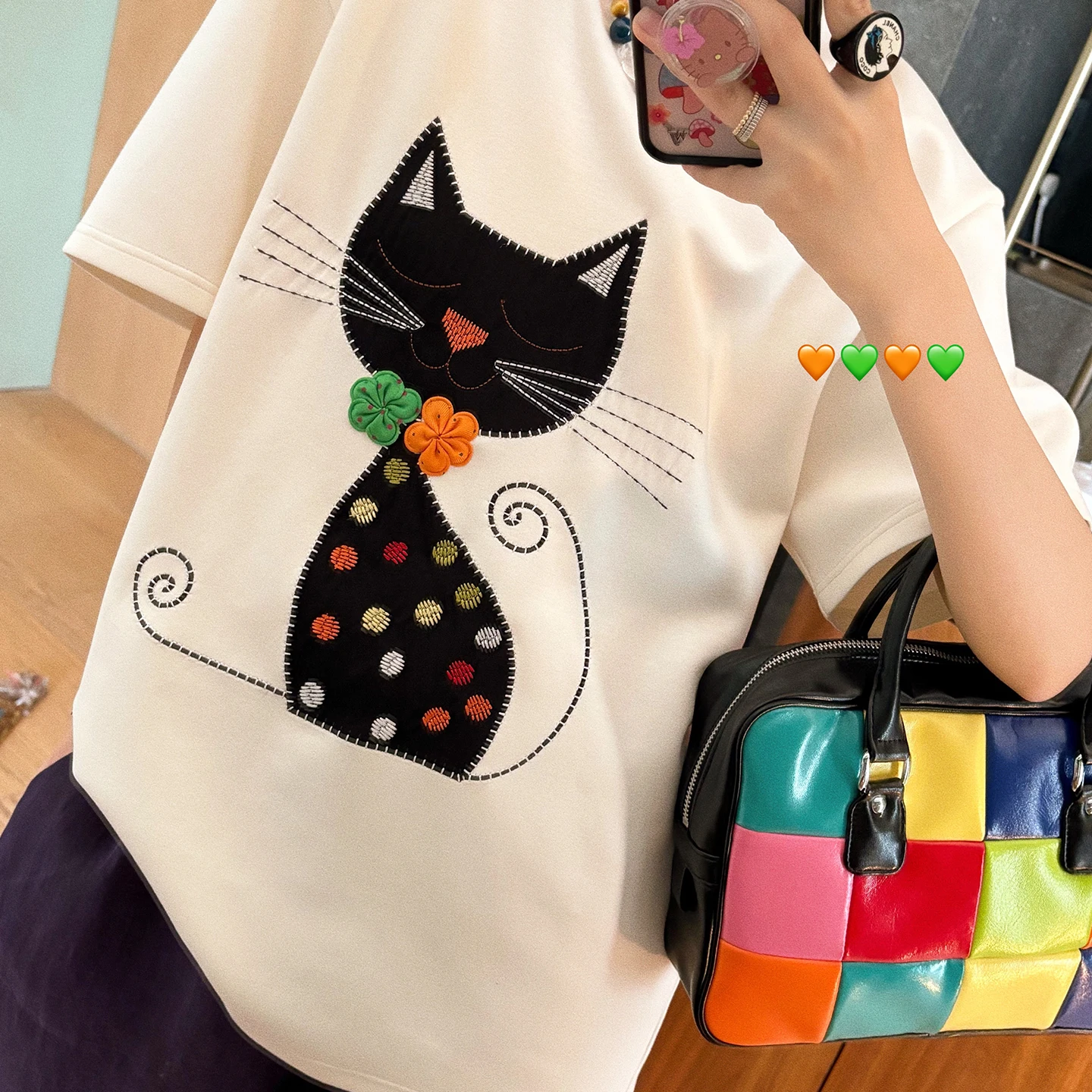 

Vimas Japanese Sle Bla Patchwork Embroidery 3D Flower Fun Tee Loose Fit Cotton Polyester Summer T-irt