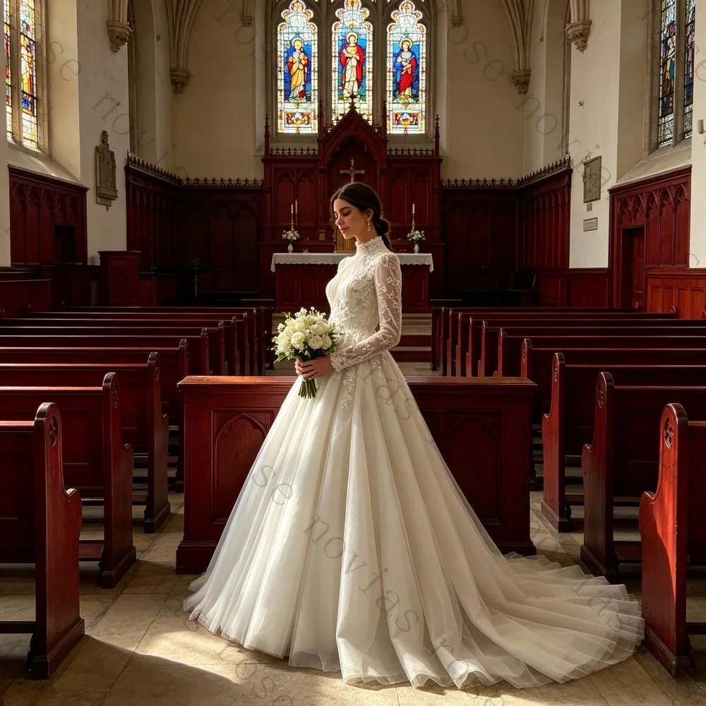 Customized Luxury High Neck Lace Applique Wedding Dresses 2026 Conservative Long Sleeved Chiffon with Large Tail Bridal Gown