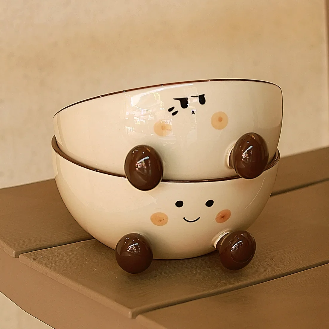 Cute Cartoon Ceramics Lamian Noodles Bowl Relief Three-dimensional Foot Underglaze Colour Soup Bowl Household Kitchen Porcelain