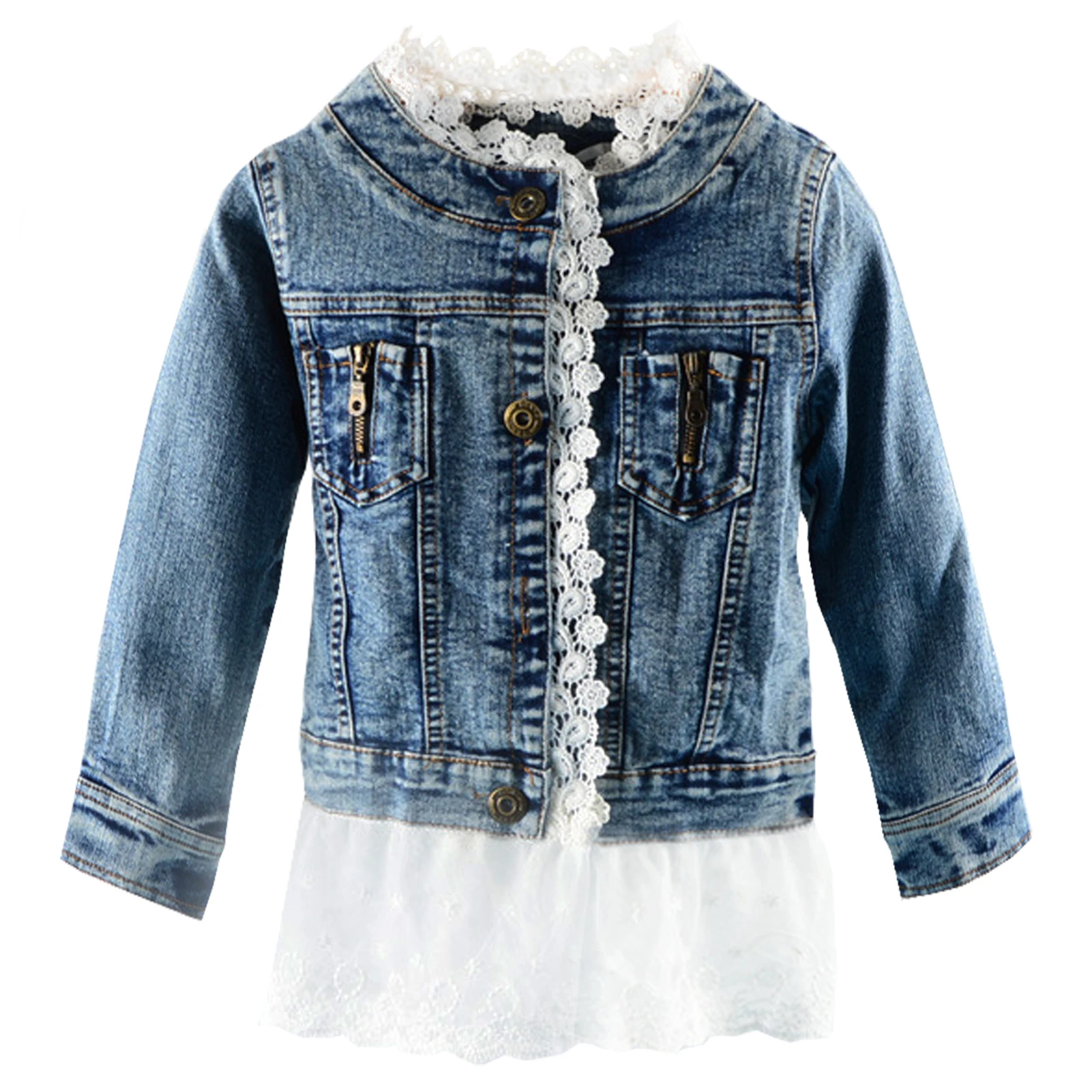 

Children's Denim Jacket with Lace Skirt,Fashion Casual Long Sleeve Girls' Cowboy Coat,Lace Collar Single Breasted Kids Jean Coat