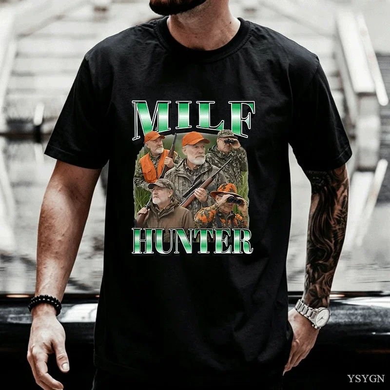 Milf Hunter Meme T-Shirt Stupid Meme Men T Shirt Funny Hunting Short Sleeve Humor Tshirt Graphic Tee Round Neck Clothes Tops