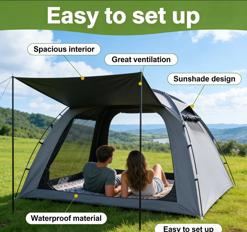 Lightweight Folding Picnic Sunshade Tent, Thick Oxford Rainproof Tunnel Tent for Family Camping