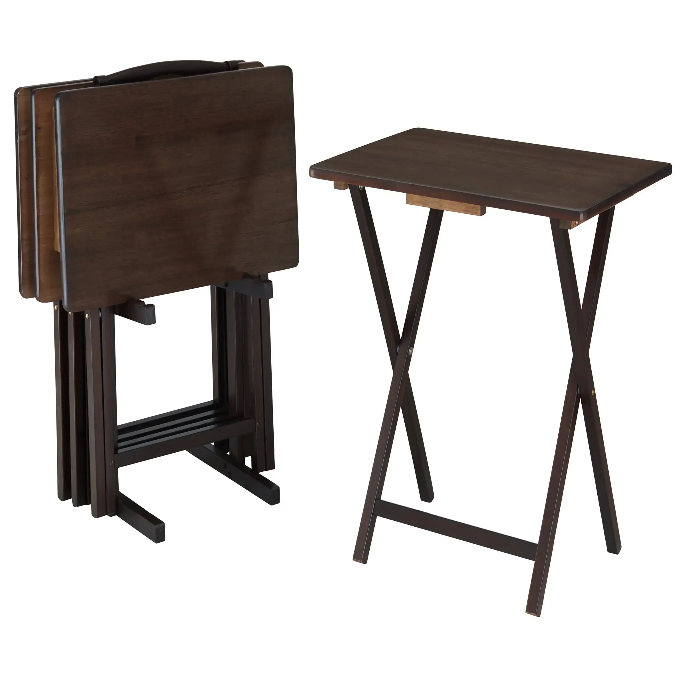 Indoor Folding Table Set of 4 in Walnut L19 x W15 x H26 inches. 4 Tables+1 Rack Stand.