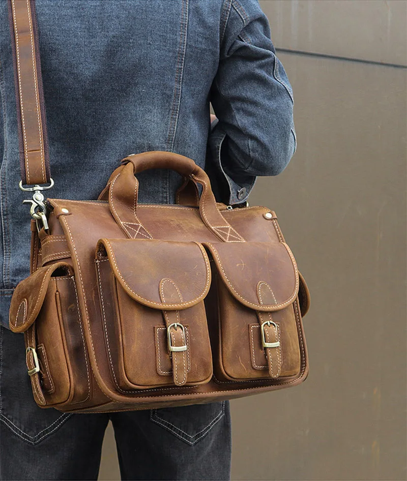 Homem de couro saco do computador dos homens maleta de couro genuíno saco de escritório para homens bolsa de computador de cavalo louco pasta para documentos