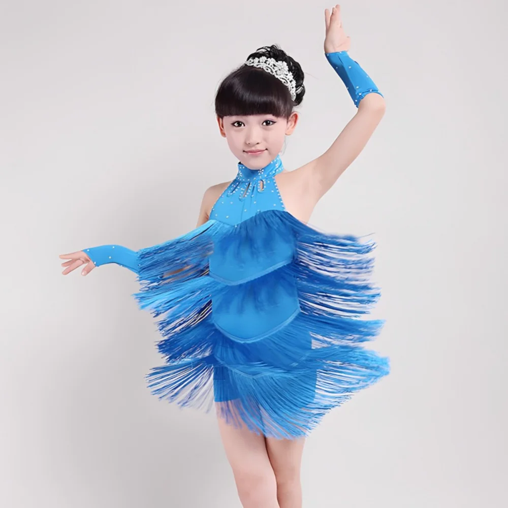 3-15 Years Children Tassel Latin Dress Training Dancewear Sequin Stage Performance Costume Competition Dancing Clothes