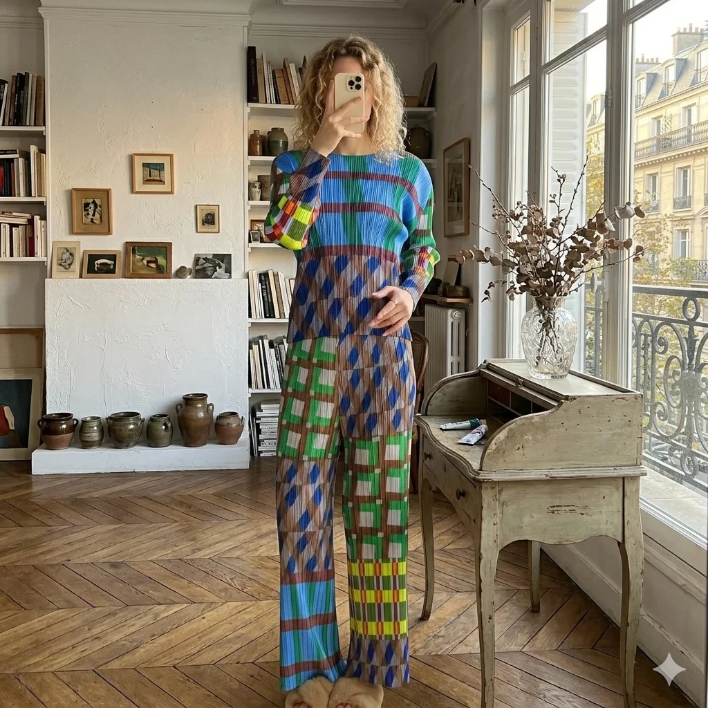 

Miyake Pleated 2026 Color Line Plaid Pleated Round Neck Top Long Sleeve Plaid Kids Comfortable Casual Slouchy Loose Feeling