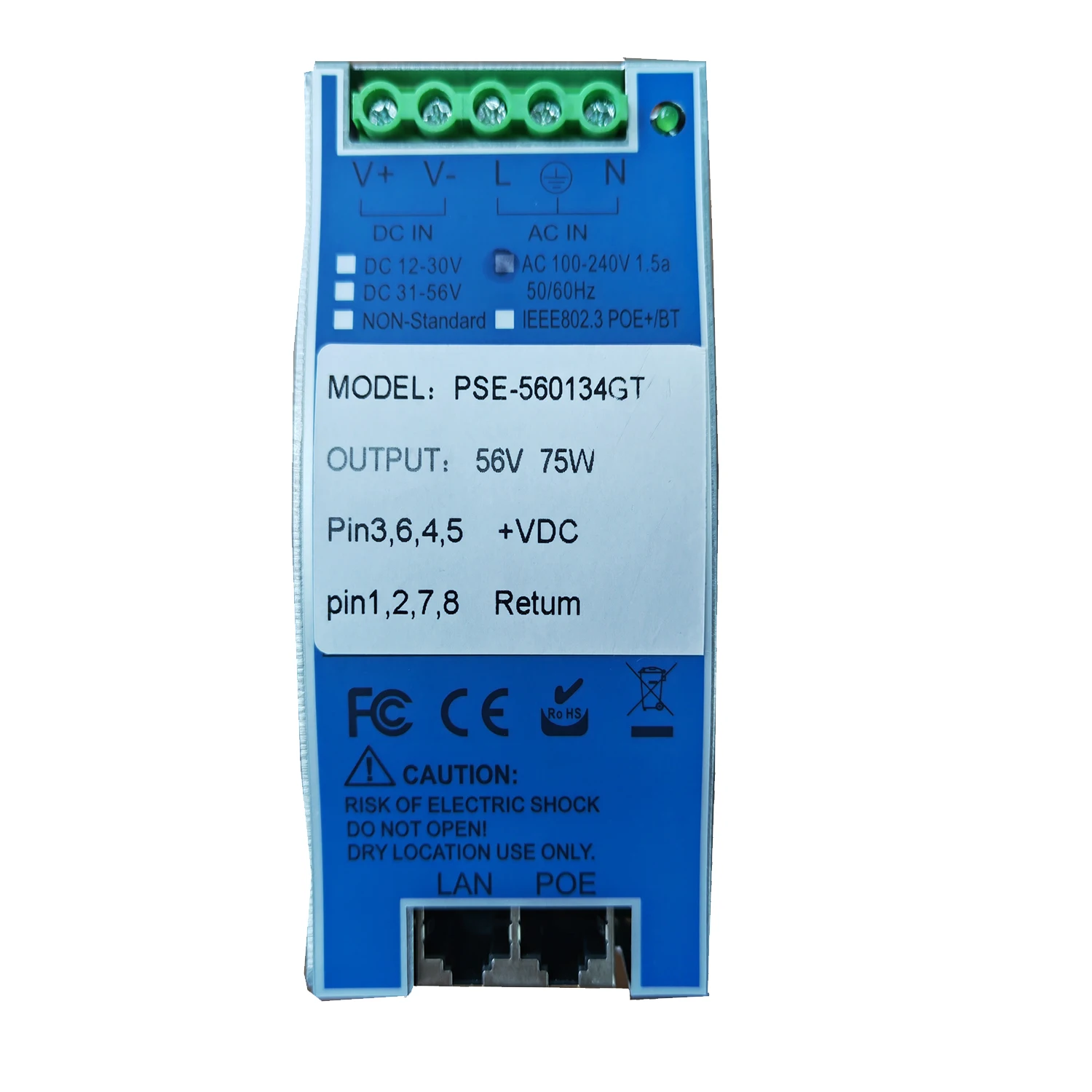 DIN Rail Industrial POE Injector Midspan AC Or DC Input Max 75w 802.3BT/AT