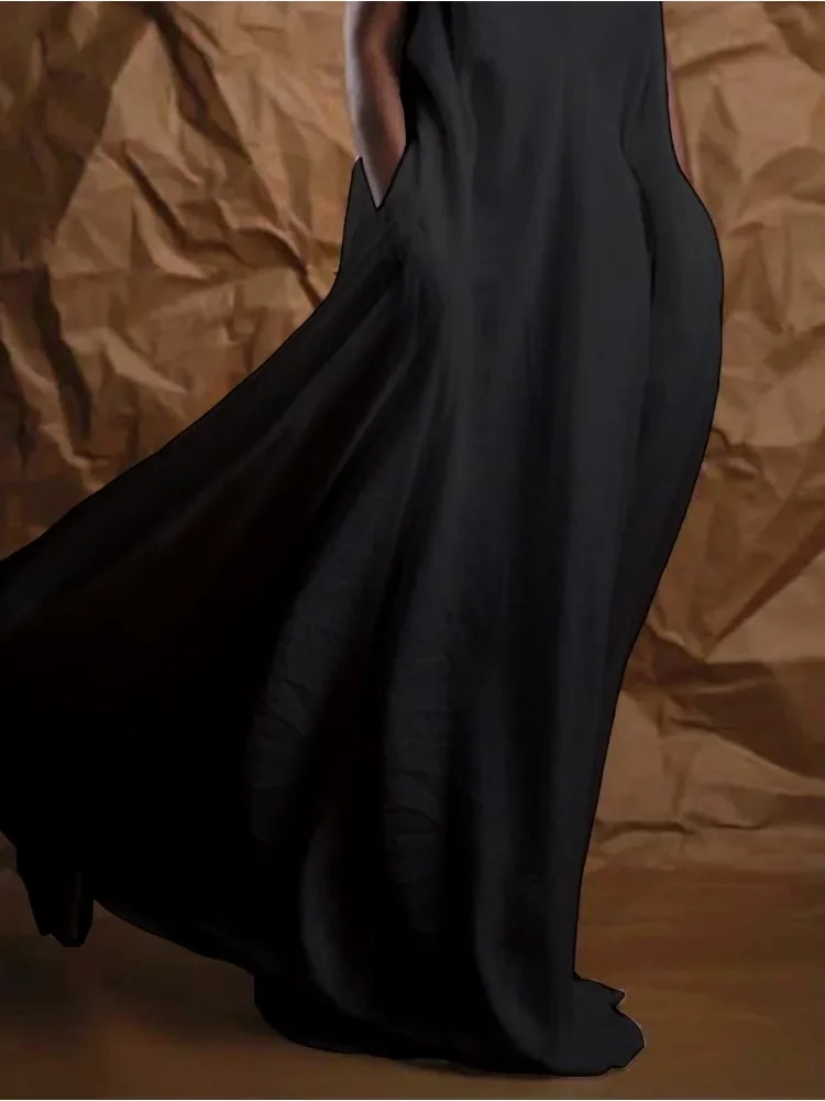 Maxi Jurk Voor Vrouwen Effen Witte Minimalistische Casual Zak Vintage Lange Jurk Mouwloos Katoen Harajuku Nieuwe Mode Jurken