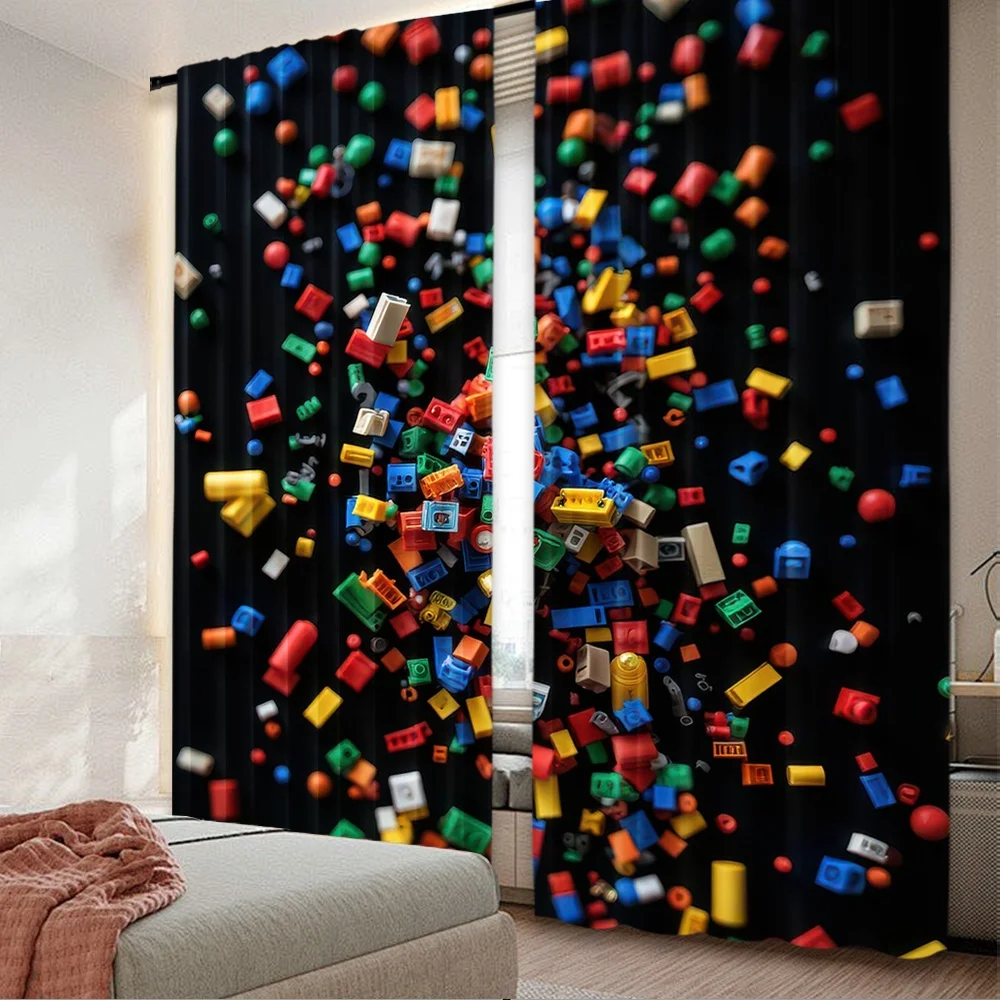 

2D flat printing 2pcs Curtain Curtain Colorful Building Blocks Digital Printed Polyester Drapes Family Party Use for Holiday