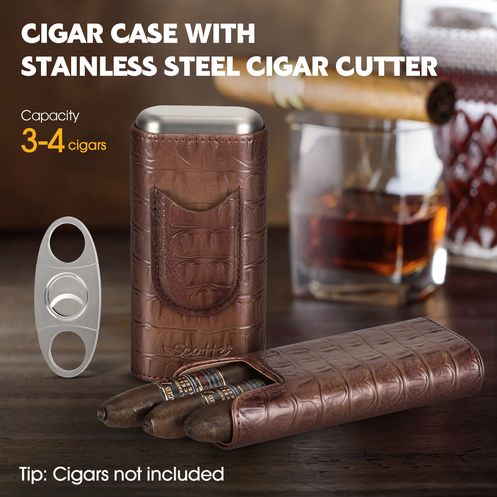 Scotte Cigar Case Leather Cigar Travel Case Cedar Wood Portable Cigar Humidor Box with Cigar Cutter Elegant Cigar Box for Men