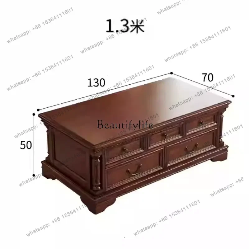 13American neoclassical gold silk teak all solid wood long coffee table living room furniture drawer coffee table