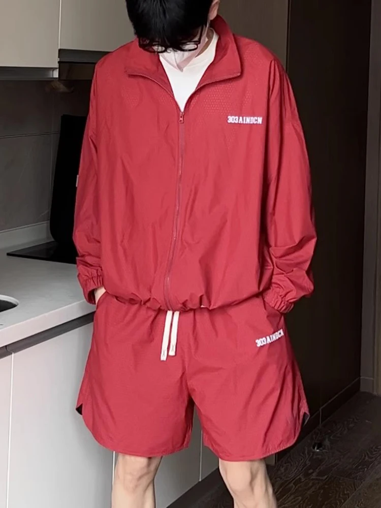 

Мужская спортивная одежда из ледяного шелка с защитой от солнца, для путешествий, цвет «красное вино», с декоративной молнией, свободный крой, длинный рукав