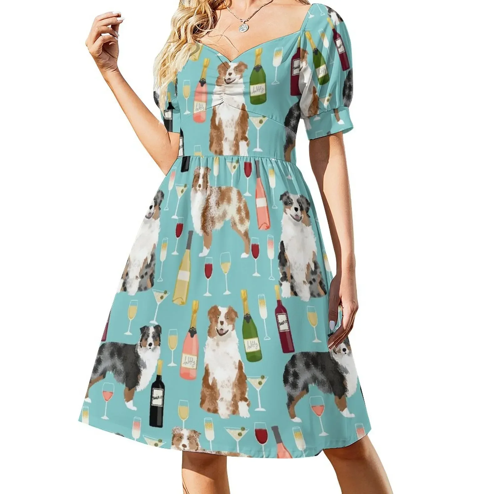 

Australian Shepherd blue and red merle wine cocktails yappy hour pattern dog breed Short-Sleeved Dress