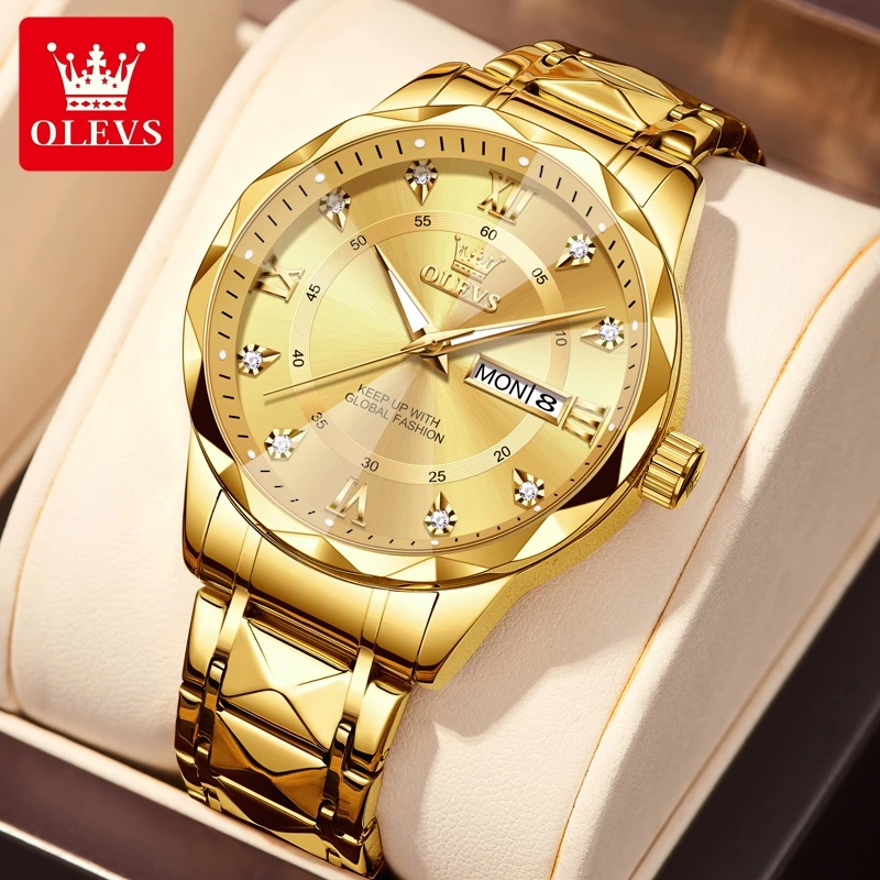 

OLEVS Mens Gold Watches Calendar With Stainless Steel Band Fashion Business Quartz Watch Relogio Masculino Wristwatch For Men