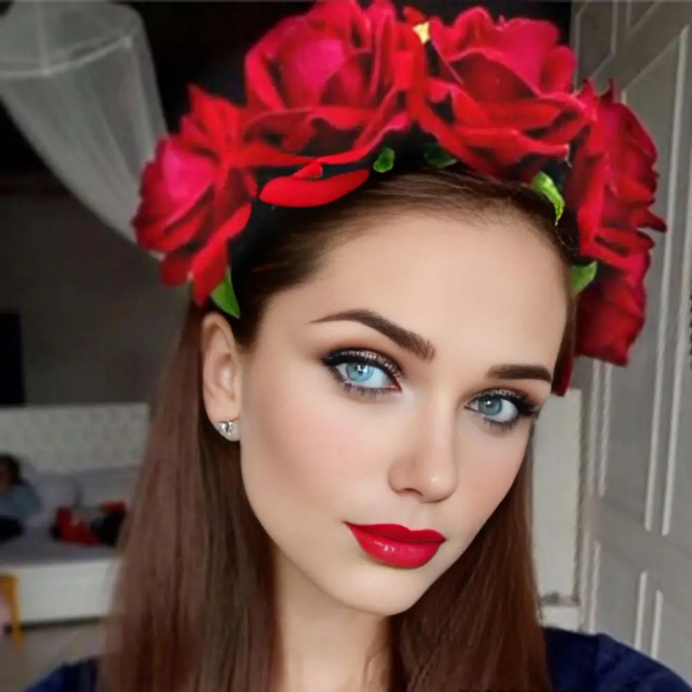 Rose Headband Handmade Hair Hoop with 5 Artificial Roses High Elastic Rose Flower Crown Bohemia Style Hair Hoop Festival Decor
