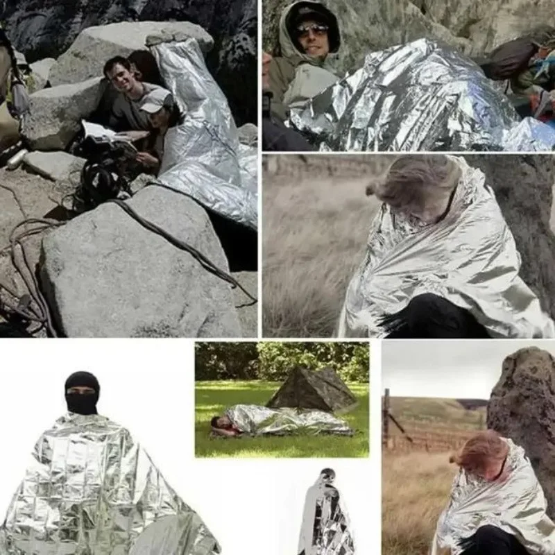 Poncho térmico de emergencia, manta ligera, plegable, resistente al agua, sombrilla a prueba de viento, reutilizable, primeros auxilios, estera de Camping, cubierta