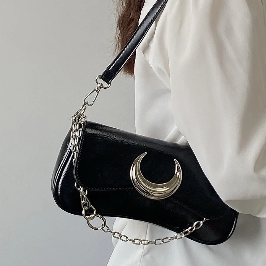 Vintage Shoulder Bag for Women Moon Lock Black Fashion Trend Crossbody Bag Luxury Street Advanced Female Handbag