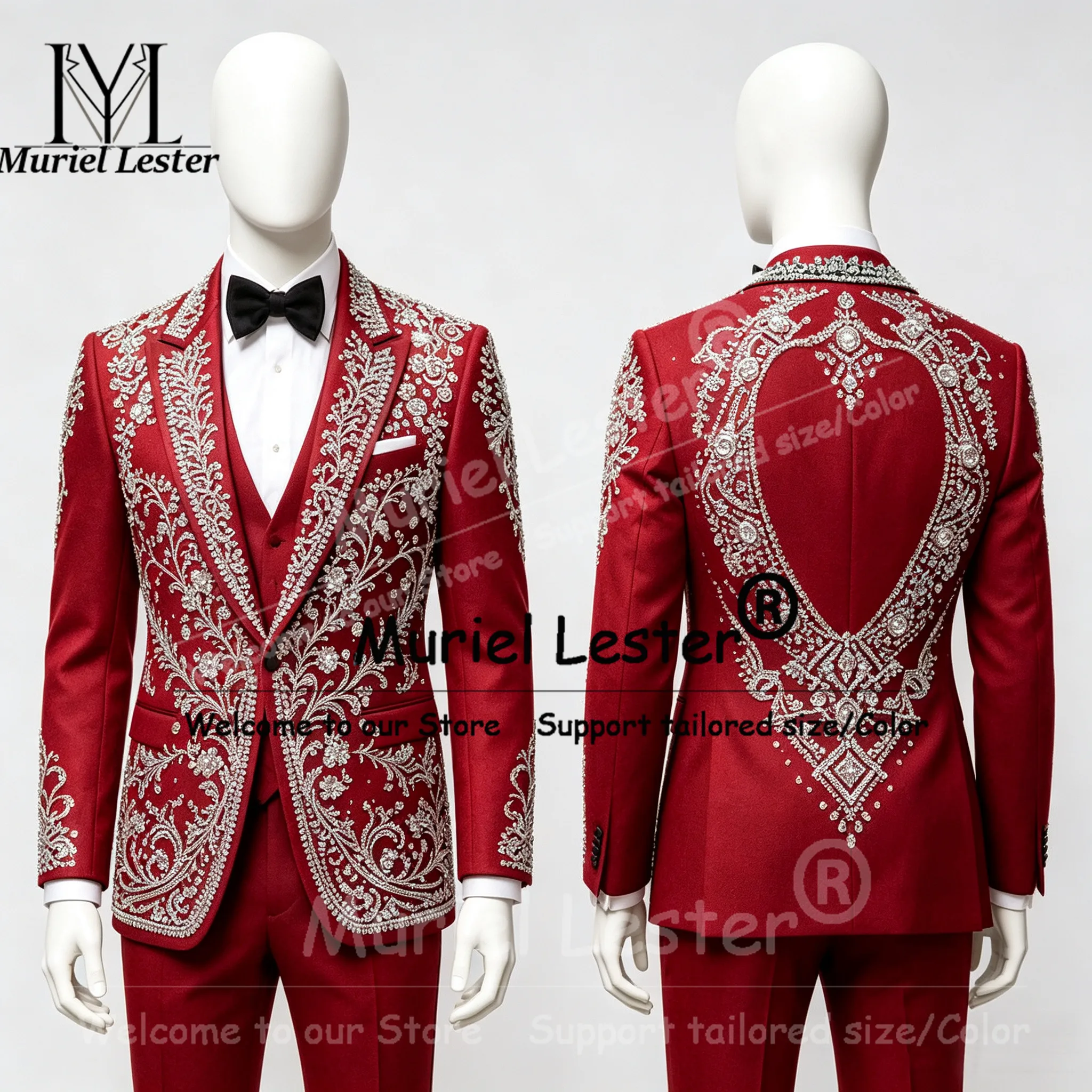 Luxury Suit Men Slim Fit Beadwork Rhinestone Prom Blazer Customized Sequined Groom Wedding Tuxedos 3 Piece Man Banquet Outfit