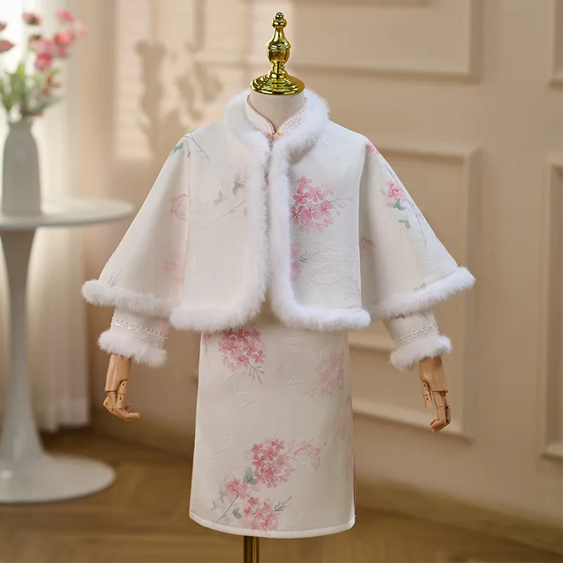 

Зимнее новое платье-ципао для девочек 3-14 лет, традиционное китайское этническое платье Тан с цветочным узором на Новый год, утепленное, с шалью