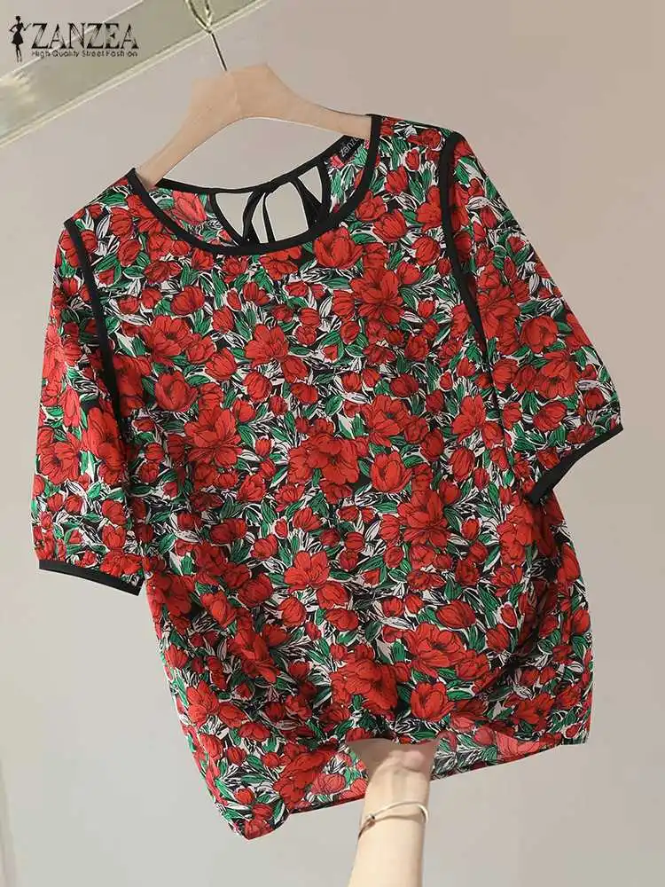 

ZANZEA Summer Korean Fashion Blouses Women Elegant Half Sleeve Casual Loose Blusas Mujer Lace Up O Neck Piping Tunic Tops