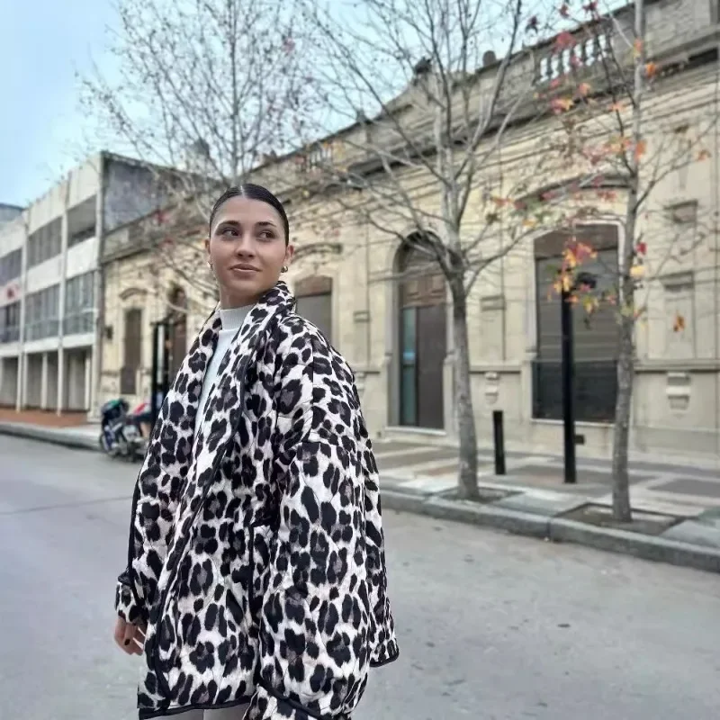 ヒョウ柄キルティングコート女性のための春秋ラペルルーズ長袖綿アウターレディースカーディガン女性ジャケット