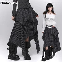 REDDACHiC Acubi falda asimétrica a cuadros a la moda Alt Goth cintura elástica puntada borde crudo falda larga fluida de talla grande pantalones de mujer