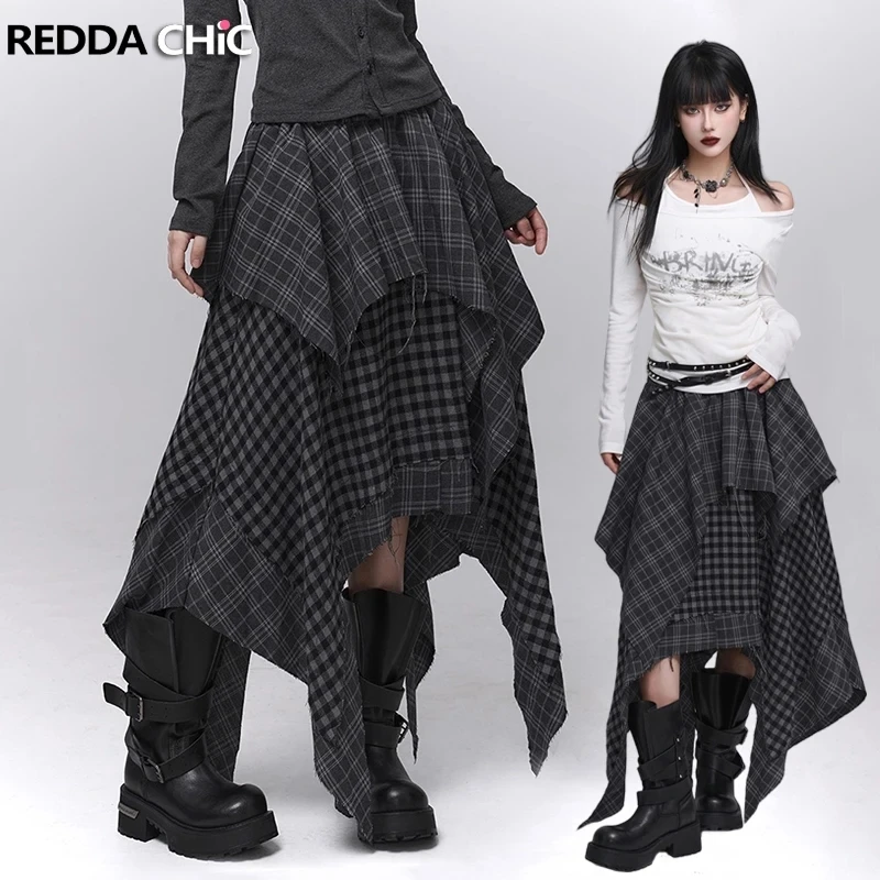 REDDACHiC Acubi Fashion Plaid Asymmetrical Skirt Alt Goth Elastic Waist Stitch Raw Edge Long Flowy Skirt Plus Size Women Bottoms