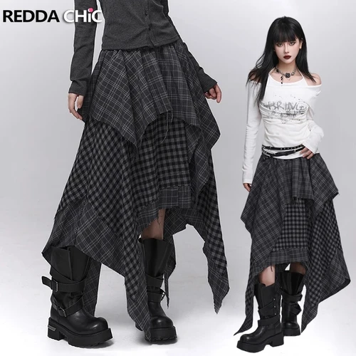 REDDACHiC Acubi falda asimétrica a cuadros a la moda Alt Goth cintura elástica puntada borde crudo falda larga fluida de talla grande pantalones de mujer