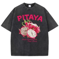 Camisetas lavadas Vintage para mujer, camisetas con estampado de Pitaya fresco, cuello redondo, algodón desgastado, ropa femenina de moda de manga corta de gran tamaño