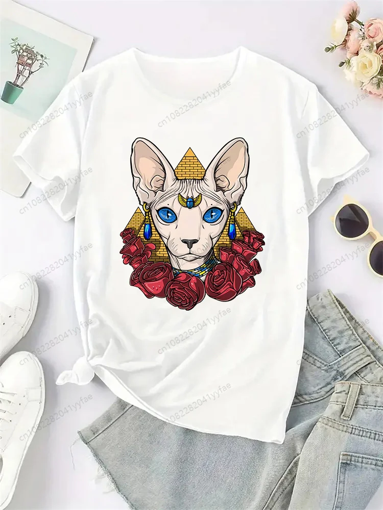 여성 스핑크스 프린트 하라주쿠 여름 티셔츠 캐주얼 라운드 넥 반팔 탑 걸스 티셔츠