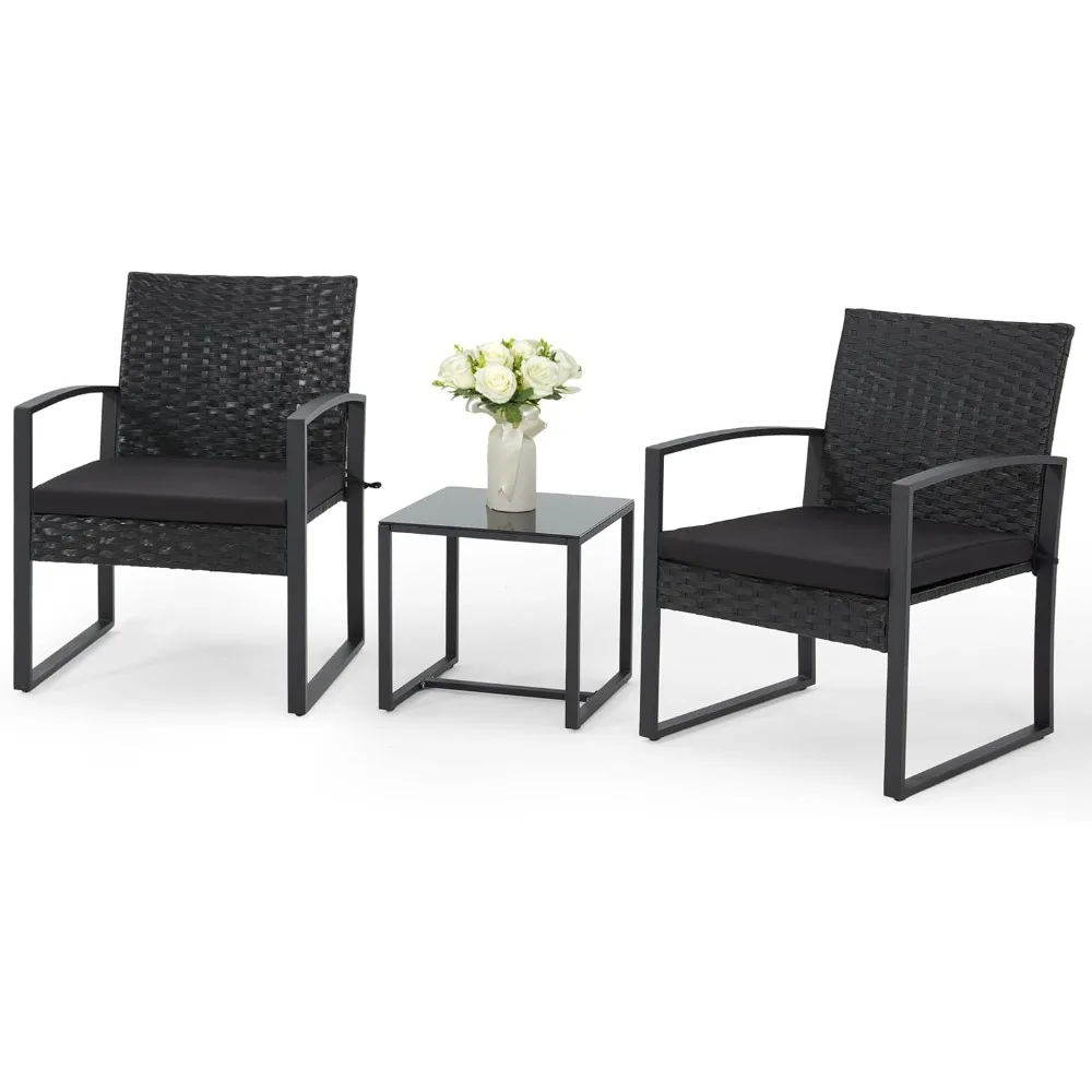 

3 Pieces Patio Furniture Set, Outdoor Rattan Bistro Set with Coffee Table, Durable Steel Frame with Strapped Cushions for Garde