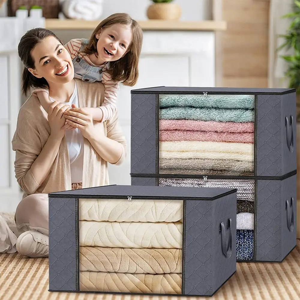 35L/60L/90L Foldable Storage Box Transparent Window Dustproof Clothes Storage Bins With Lids Non-woven Fabric Storage Organizer