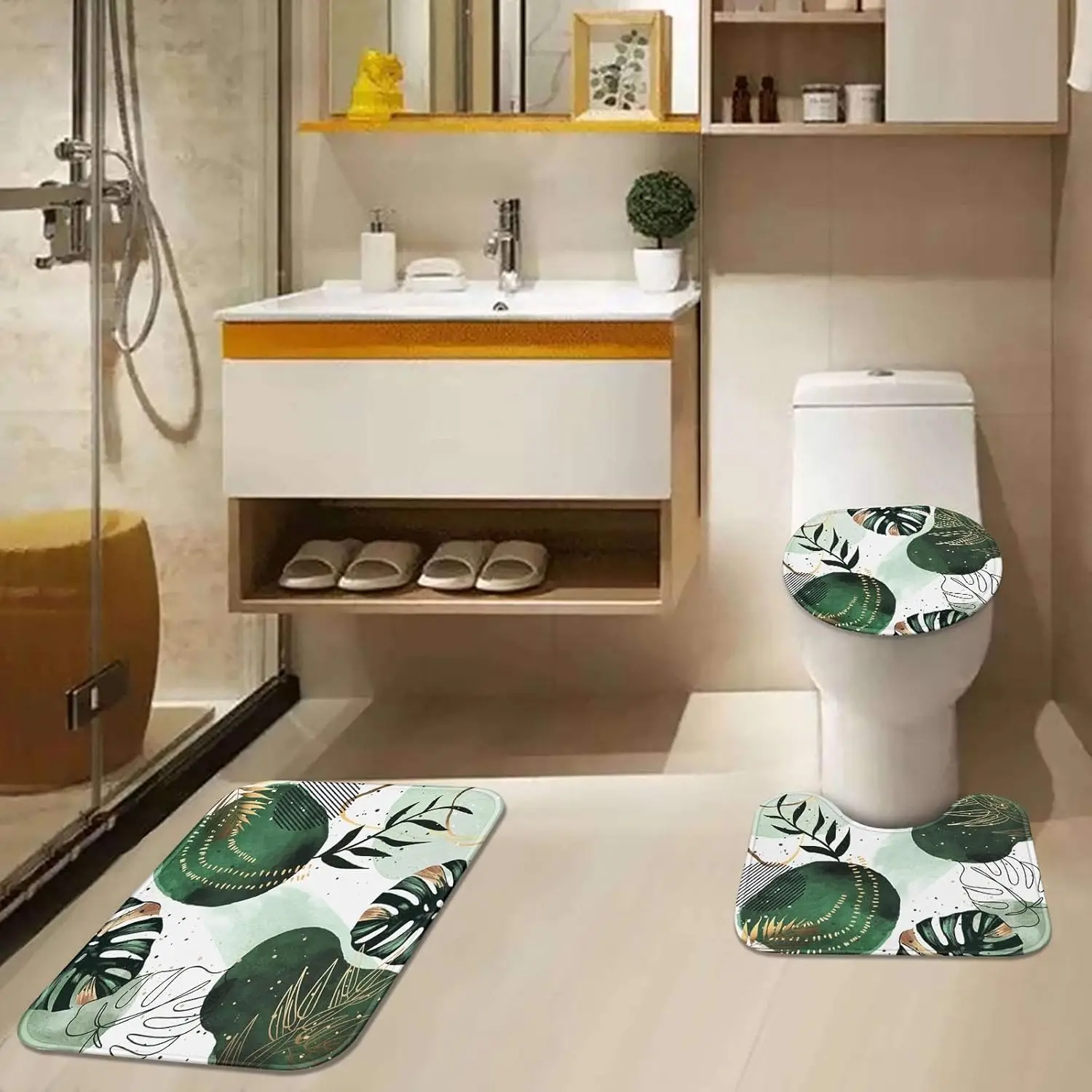 Shower curtain suit with toilet lid and non-slipcarpet,plant abstract olive4 pieces bathroom modern shower curtain with 12 hooks