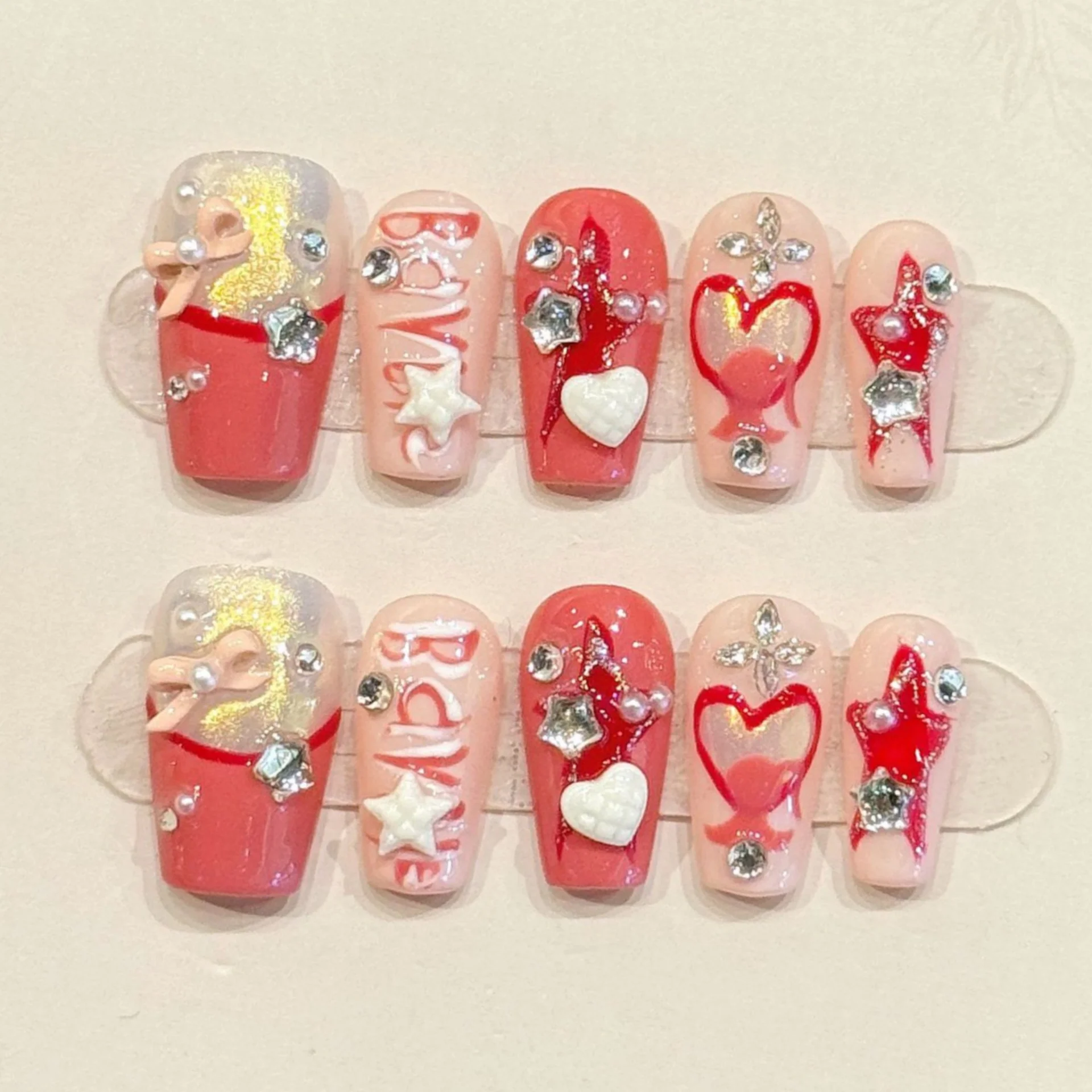 

10 шт. розовые накладные ногти ручной работы, акриловые стразы, бант, наклейка на кончики ногтей, звезда любви, короткие балетные накладные ногти, наборы
