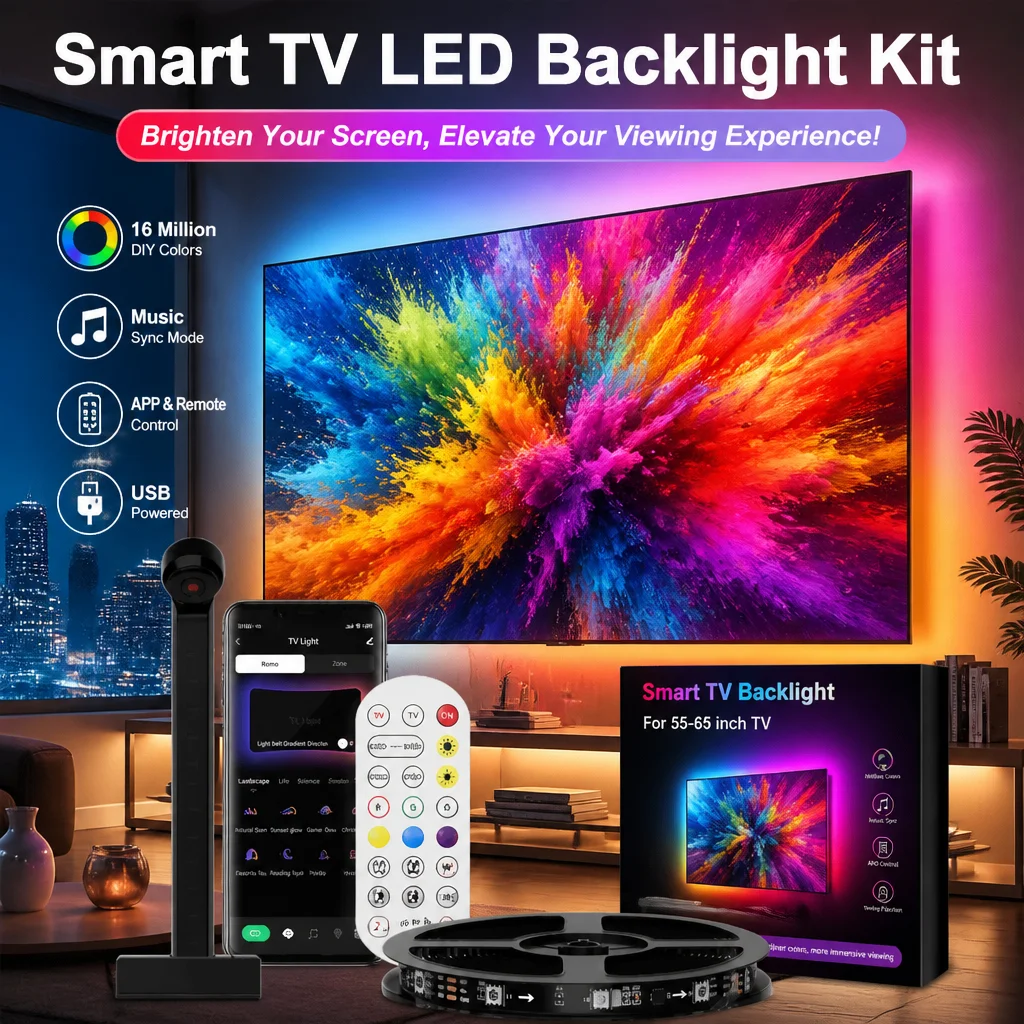TV Backlight Music Sync Smart Strip Lights Color Pickup RGBIC LED Light 50-75 inch Screen App Remote for Game Home Ambient Light