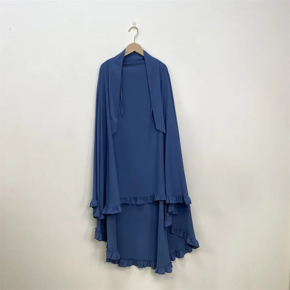 2025 Eid Ruffle Women Abaya Kimono Traditional Muslim Clothing Prayer Scarf Burqa Khimar One Layer Nida Crepe Niqab Hijab Nikab