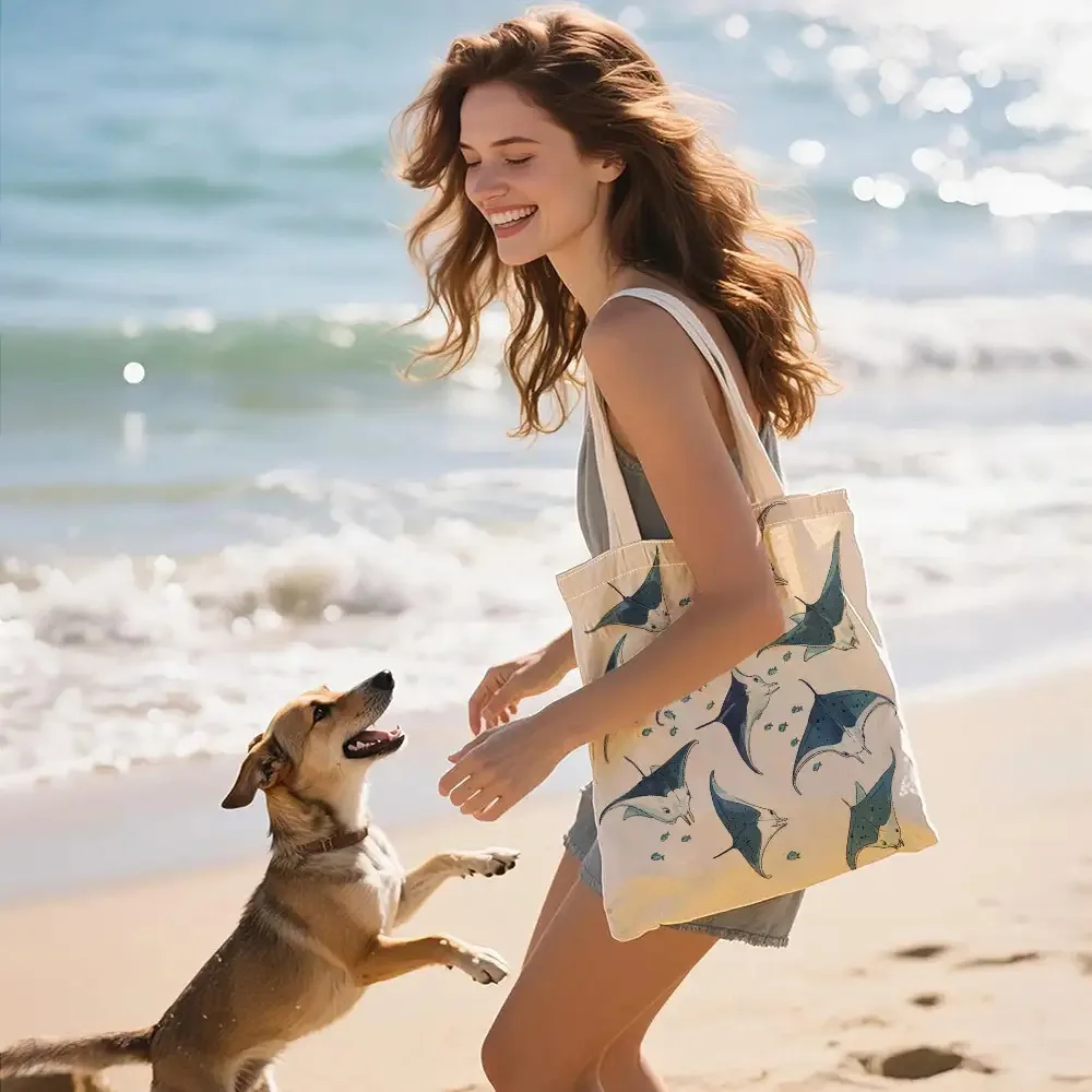 1pc, Featuring A Double-Sided Print Design. This Chic Canvas Tote Bag Showcases A White Background With Blue And Black Manta Ray