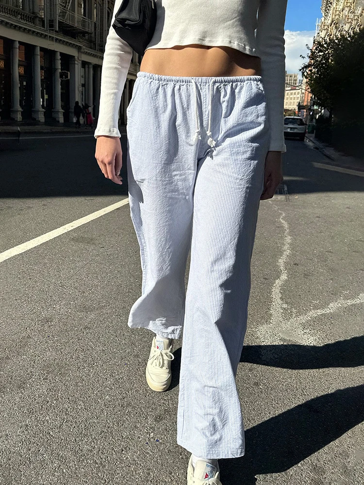 W stylu Vintage, w paski spodnie sportowe ze sznurkiem damskie jesienne bawełniane spodnie z wysokim stanem szerokie nogawki damskie luźne spodnie Y2k