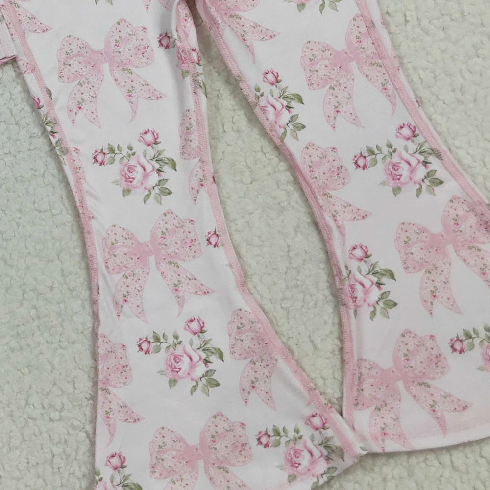 Baby Girl Long Sleeve Yoga Sets Kids Clothes Toddler Pink Floral Bow Pocket Zipper Tops Bell Bottom Pants Suit Children Clothing