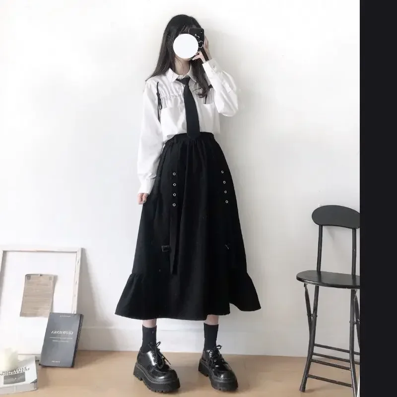 2025 Spring/Autumn Women Skirts High Waist Student Korean Style Dark Vintage Ruffle Long A-line Skirts Women Fashion