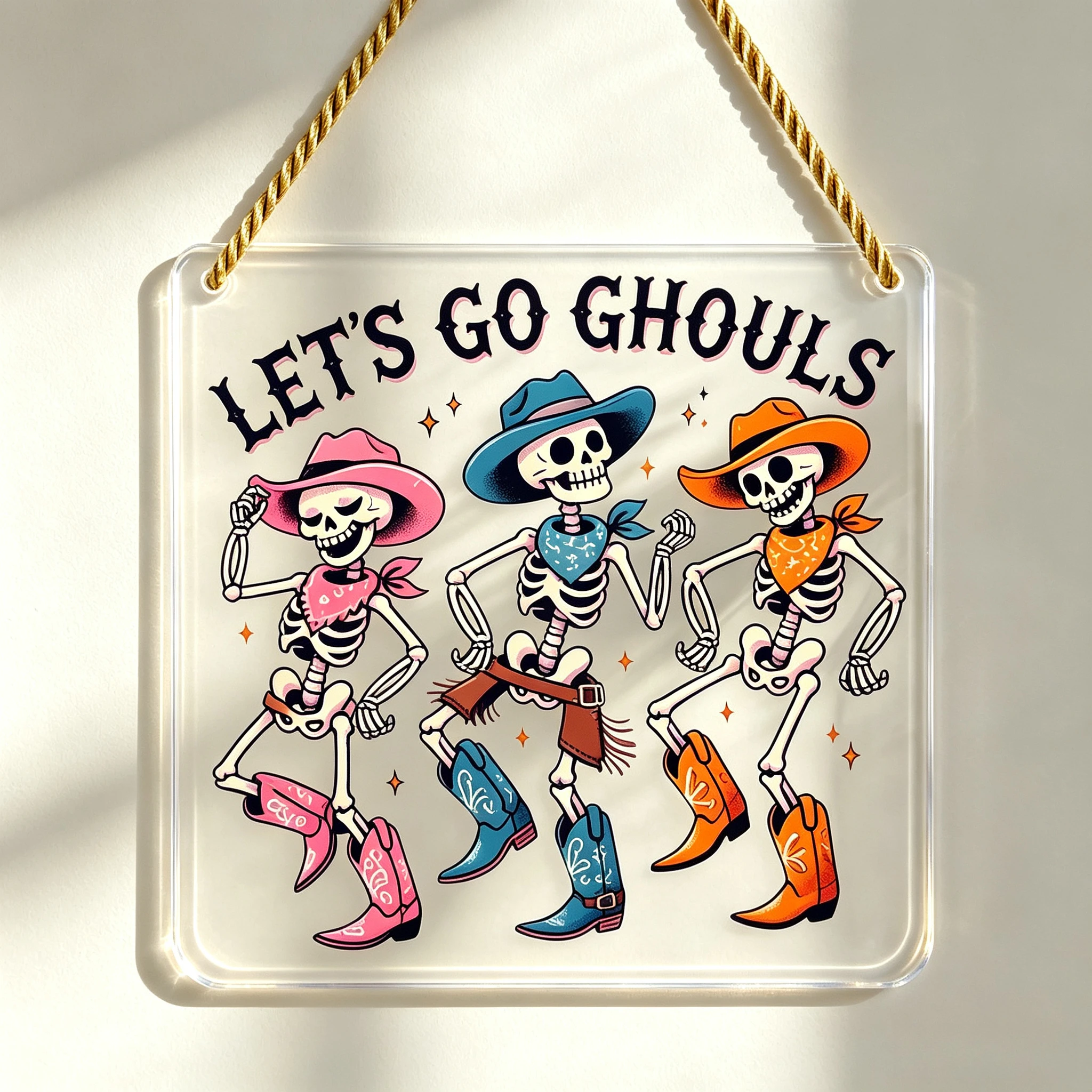 Let's Go Ghouls Square Acrylic Hanging Sign, Dancing Cowboy Skeleton Halloween Door Decor