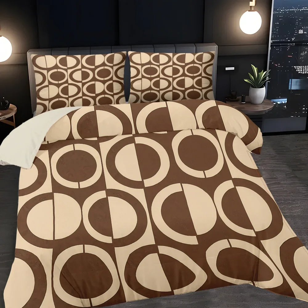 Brown Geometric Circle Bedding Set 3D Printing 2-3 Piece Set (No Core) Suitable for Bedroom Duvet Cover Set Gift Halloween Decor