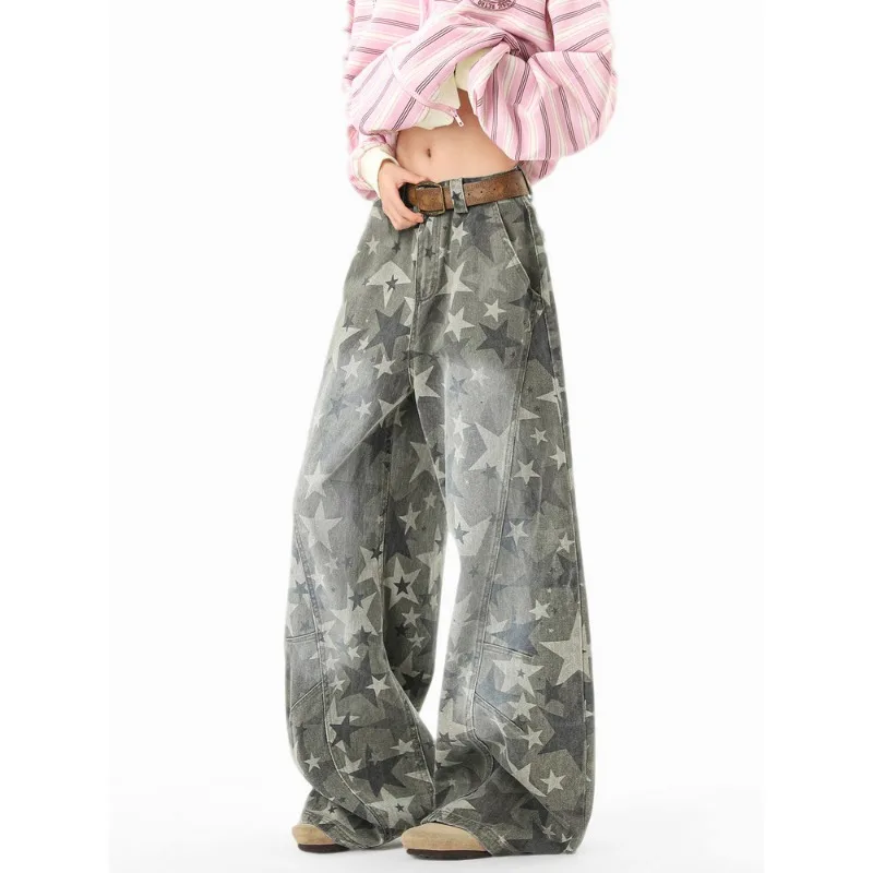 

American Style Women's Deconstructed Cargo Jeans 2026 New Star Print Loose Wide Leg Casual Streetwear Baggy Denim Pants
